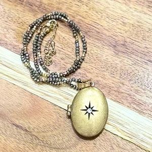 Antique Gold Tone Vintage Oval Locket with Beaded Necklace